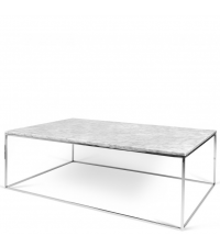 zarter, rechteckiger Couchtisch Tischplatte aus weißem Marmor Füße aus Chrom